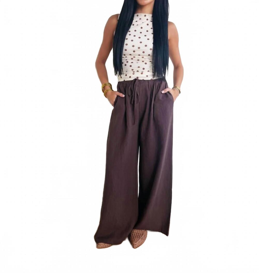 NEW MUSTARD SEED women's gathered drawstring wide leg trouser in dark espresso